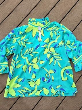 NWT Gretchen Scott Ruffleneck Tunic - Full Bloom Turquoise Large